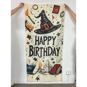 2D flat banner, 1pcWhimsical Wizarding Birthday Card, Hogwarts-Style Magic Theme Happy Birthday Card with Witch Hat & Spellbook Decorgalentines party decor, valentine day decor, decorations for valentines day, Party Decorations Banners