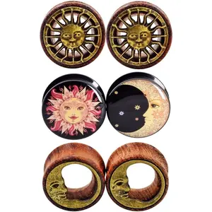 Sun and Moon Wooden Gauge Plugs and Tunnels, 6-Piece Ear Stretching Kit with Expanders for Stretched Lobes, Unisex