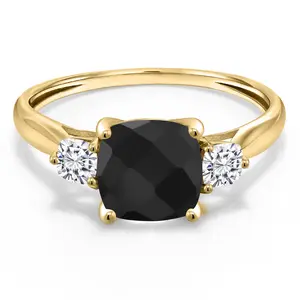 10K Yellow Gold Black Onyx and White Moissanite Engagement Ring For Women | 1.73 Cttw | Cushion Checkerboard 7MM | Gemstone December Birthstone