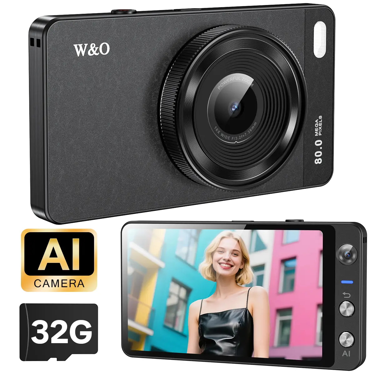 W&O 4.0'' Touch Screen AI Digital Camera with WiFi Autofocus Object Recognition Front & Rear Cameras 32G Memory Card Compact Design for Photography Perfect Gift for Birthdays Christmas Festivals