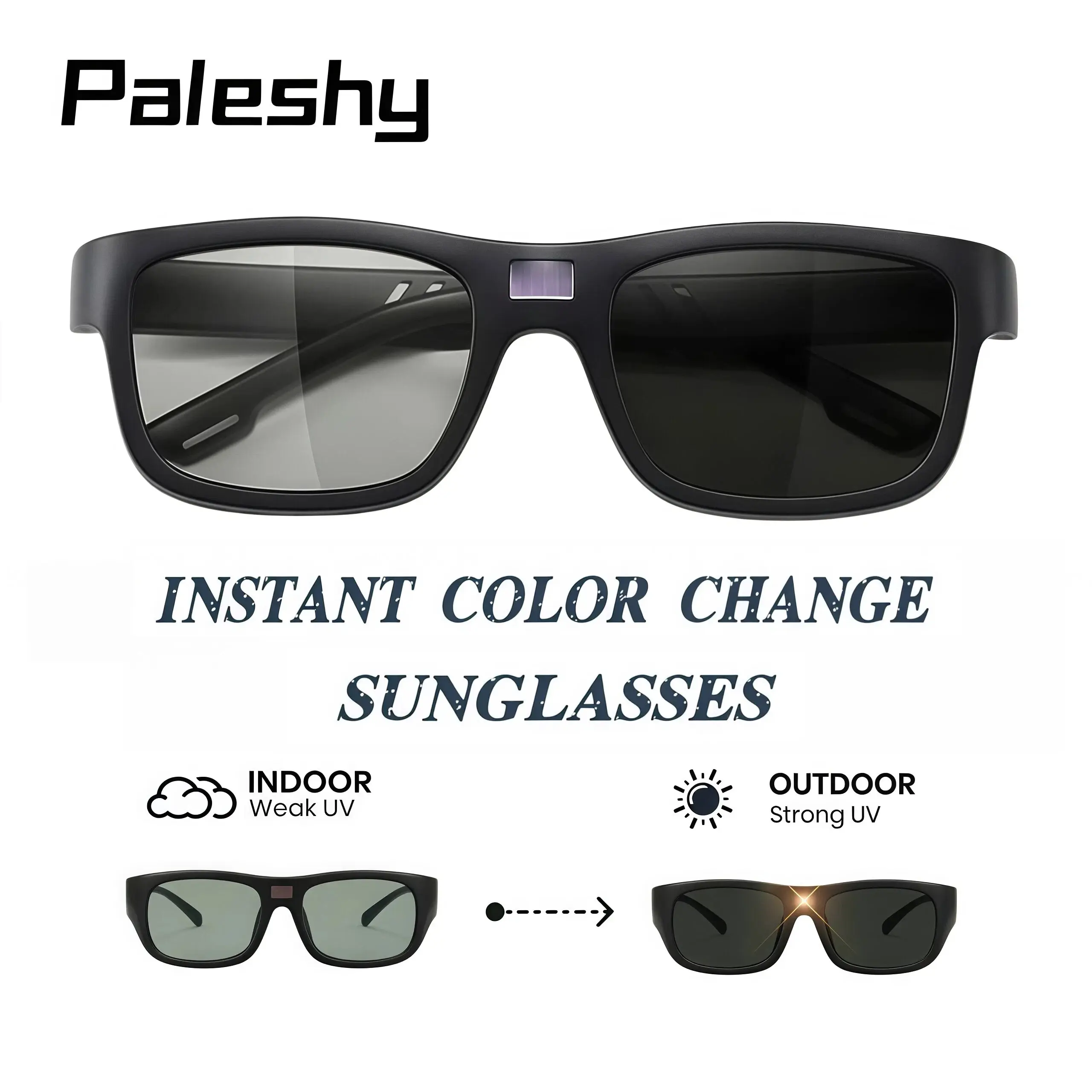 Paleshy Square Color-Changing Polarized Sunglasses for Adults, UV Protection Smart Photochromic Auto-Tint Men's Eyewear, Lightweight TR Frame, Durable Fashion Accessories with Wearable Card, Accessories Adults