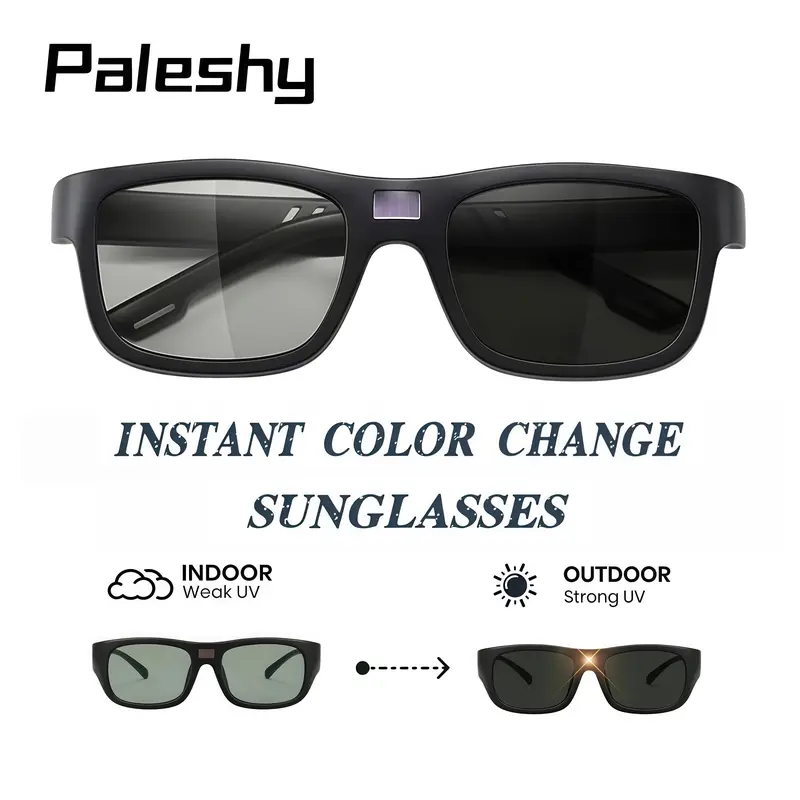 Paleshy Square Color-Changing Polarized Sunglasses for Adults, UV Protection Smart Photochromic Auto-Tint Men's Eyewear, Lightweight TR Frame, Durable Fashion Accessories with Wearable Card, Accessories Adults