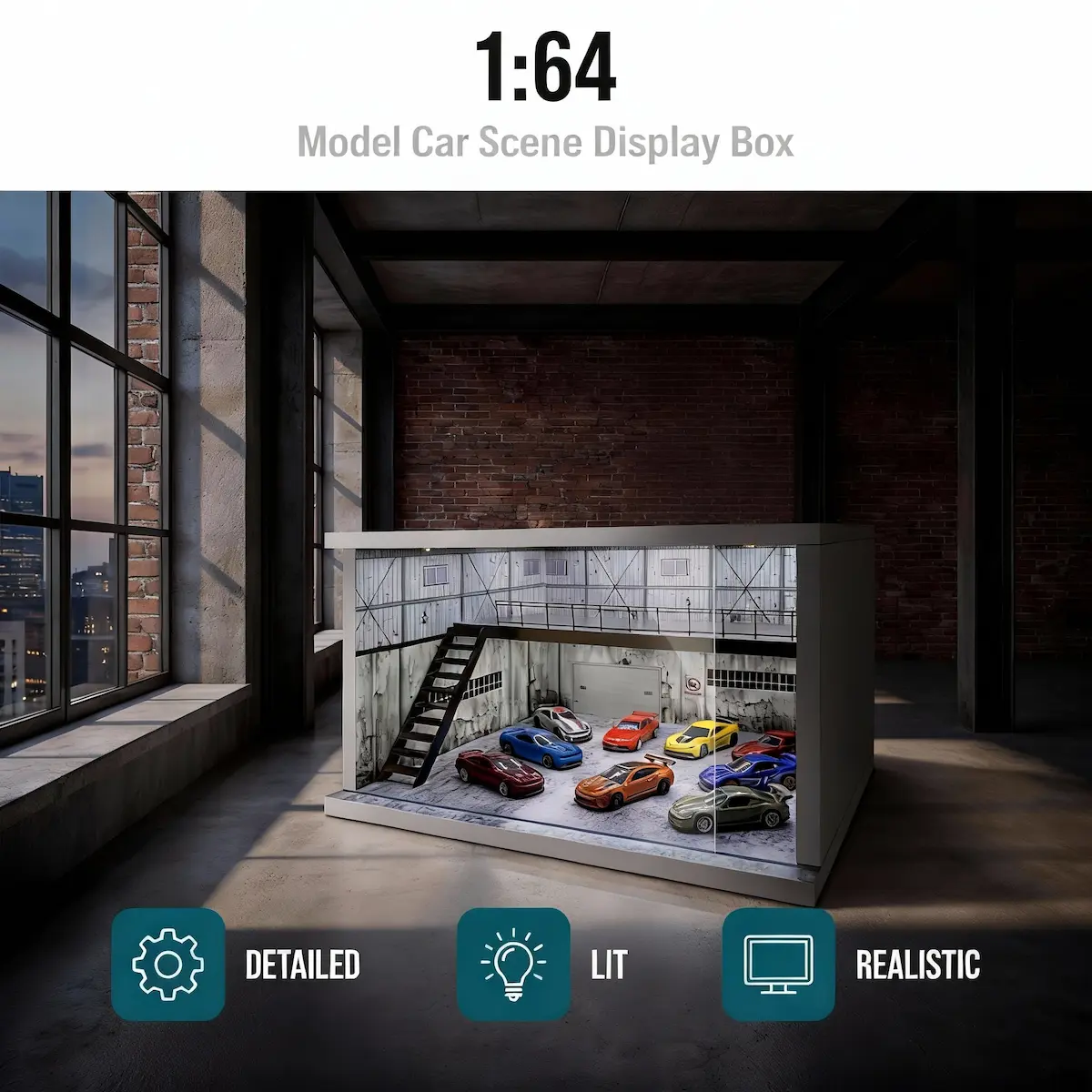 1:64 Scale Industrial Diecast Car Display Case Kit, LED-Powered Dual-Deck Lights, 2-Tier PVC Parking Lot Diorama, Dustproof Acrylic Cover, Garage Model Storage Box for Car Collecting
