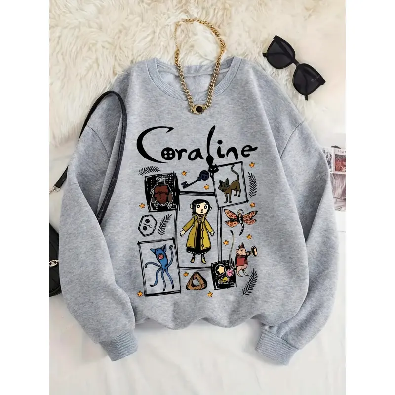 Women's Coraline Cartoon Print Pullover Sweatshirt - Casual Round Neck Long Sleeve Shirt, All Seasons Everyday Wear, Machine Washable