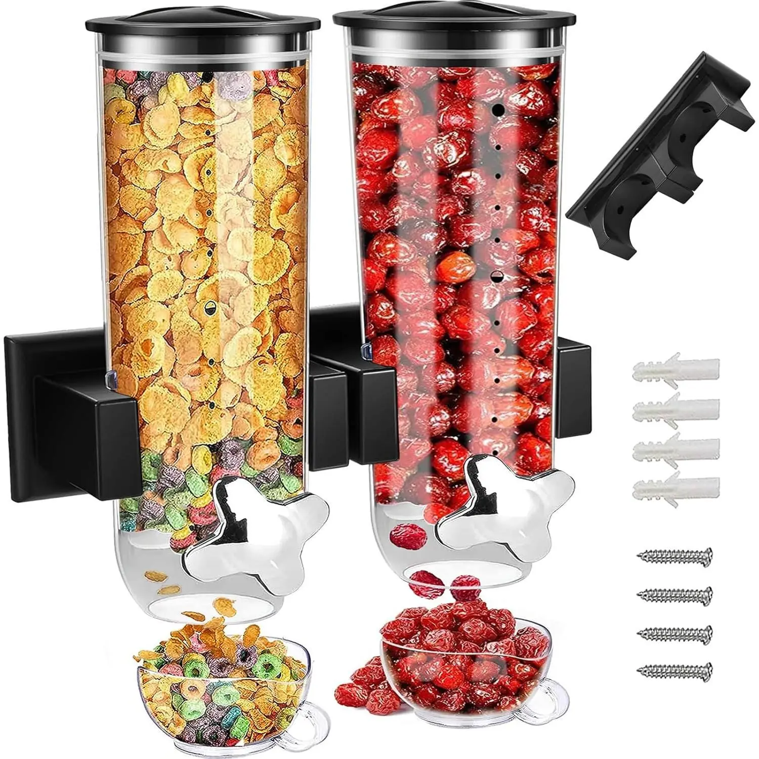 2 Pack Cereal Dispensers, Wall Mounted Food Dispenser Large Capacity Candy Dispenser, Double Dry Food Dispensers Wall Mount, Grain Dispenser for Kitchen Storage Oatmeal Snack Coffee Beans Candy, Black