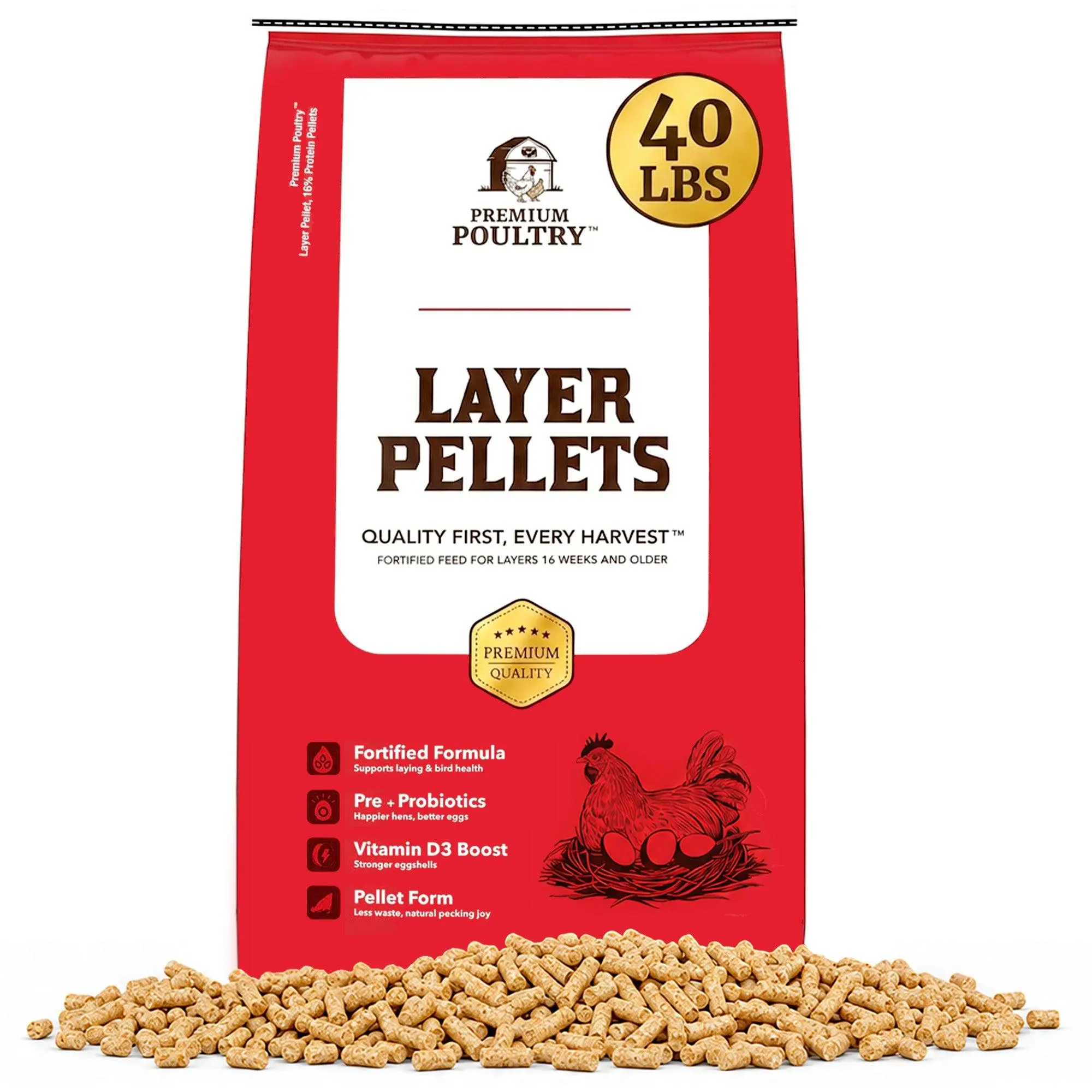 Premium Poultry Layer Pellets for Laying Hens, 16% Protein Blend Feed, 40 lb