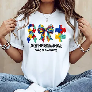 Autism Awareness Ribbon Puzzle Bow Print T Shirt White Crew Neck Casual Tee For Autism Support And Awareness