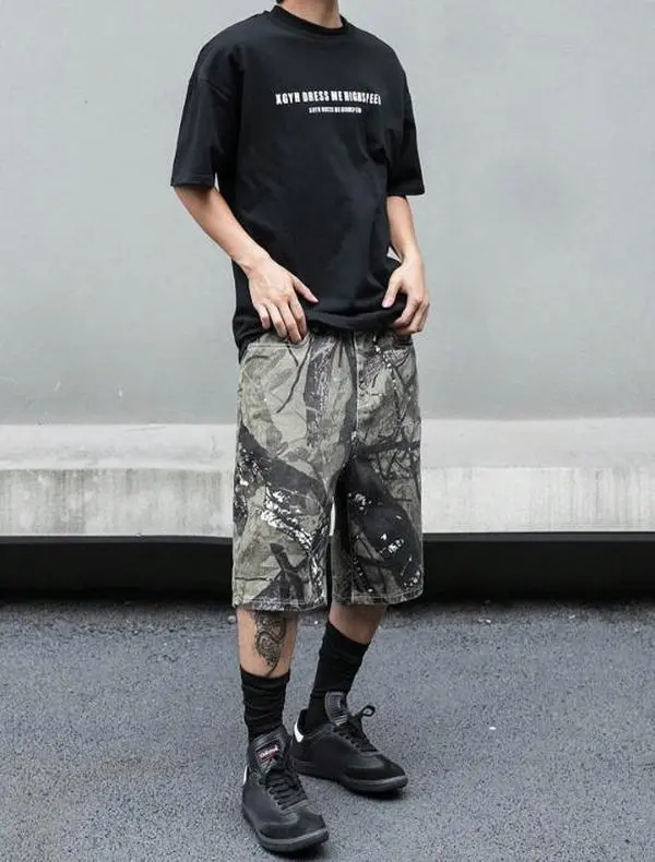 Men's Branch Camouflage Printed Denim Shorts - Streetwear Baggy Bottoms with Pocket, Casual Menswear Jeans, Jeans Bottom, Trouser