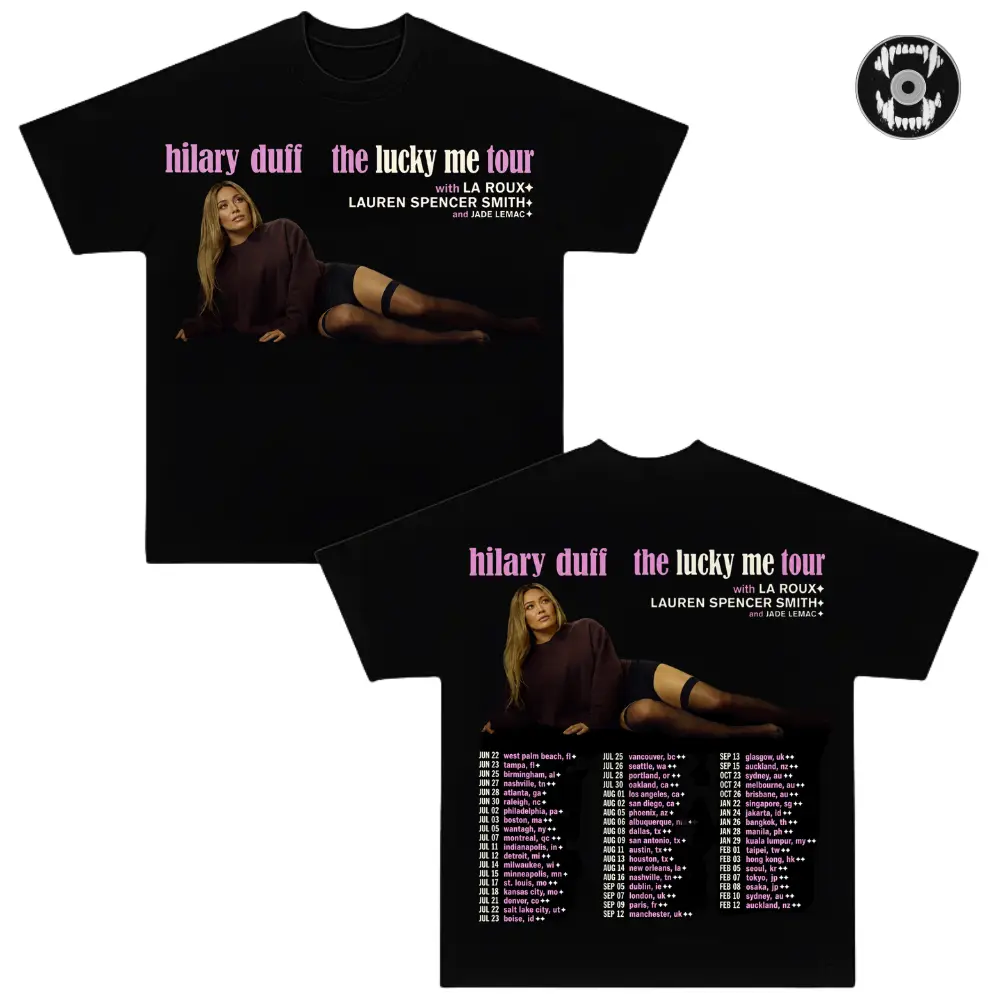HilaryDuff The Lucky Me Tour Double Sided Graphic Tee, Vintage Pop Singer Concert T-Shirt, Tour Date Fan Merch, Heavyweight Cotton Oversized Streetwear, Retro Music Gift Tee
