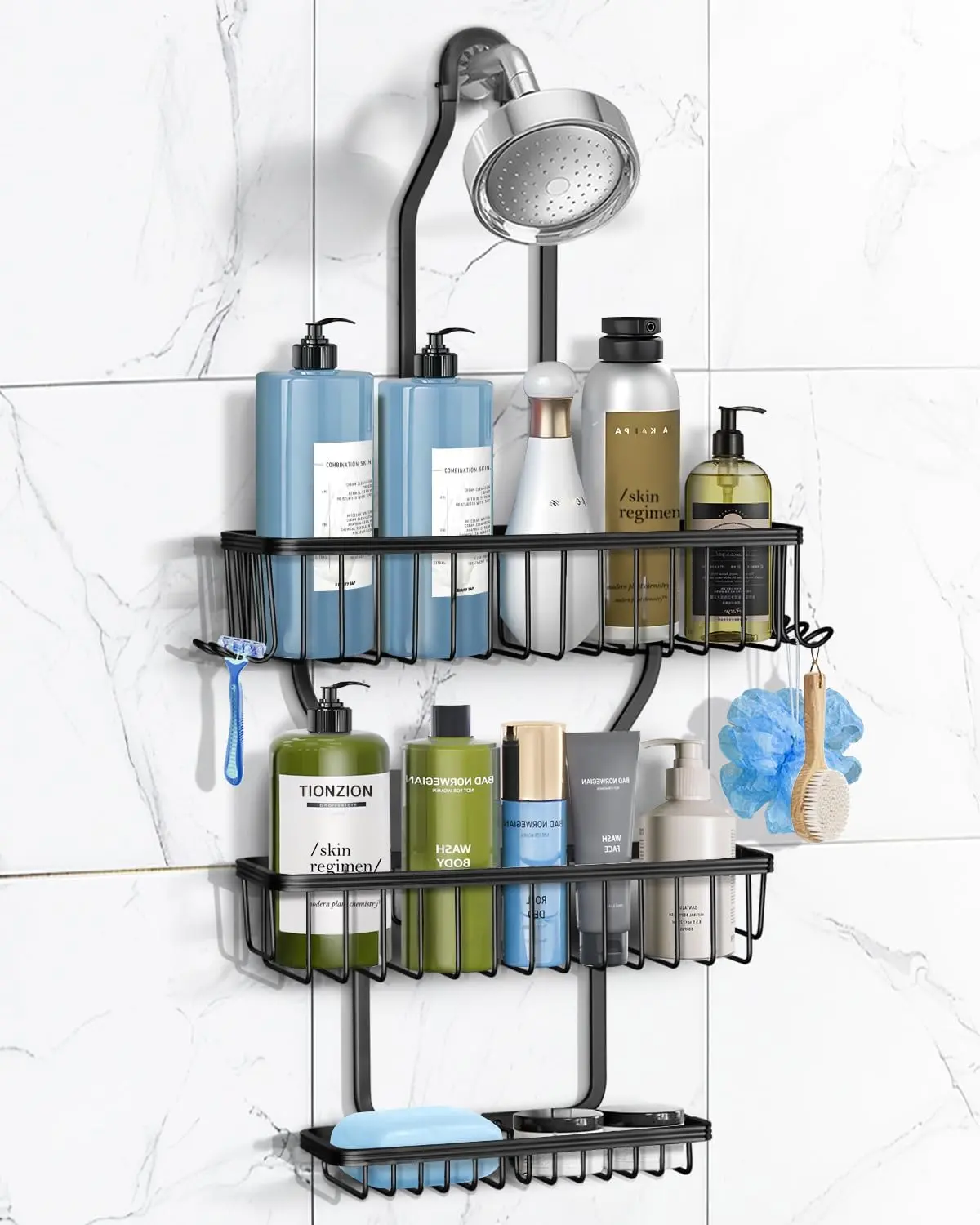 Shower  Hanging - Never Rust Shower Hanging Organizer - Aluminum Over the ShowerHead  with Soap Basket and 6 Hooks for Razor/Sponge (Black)