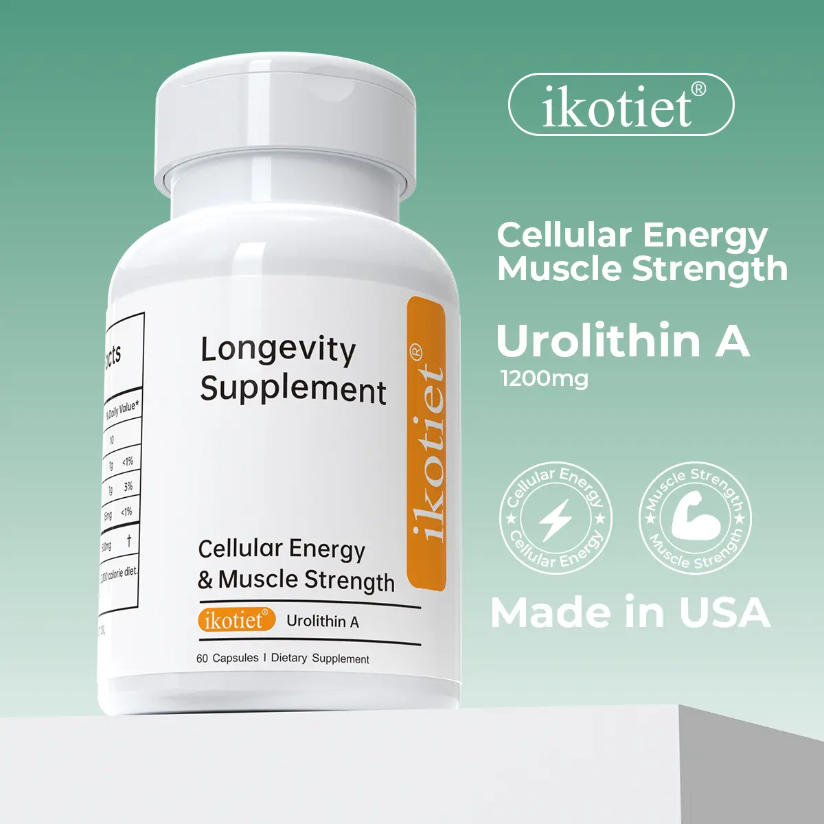 ikotiet 1200mg Urolithin A Clean Vegan MCT Healthcare Supplement - cGMP Certified, 24 Months Shelf Life, All Ages, 3rd-Party Purity Tested, Cellular Health, Skin Repair, Muscle Strength - 60 Capsules, Adults
