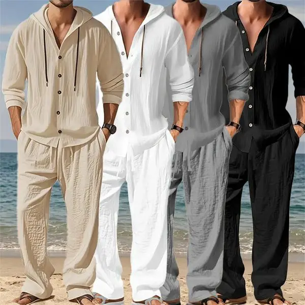 Veiskor-Men’s two-piece hooded set made from soft linen.Loose, relaxed fit, trendy casual vacation street style, comfortable all day.