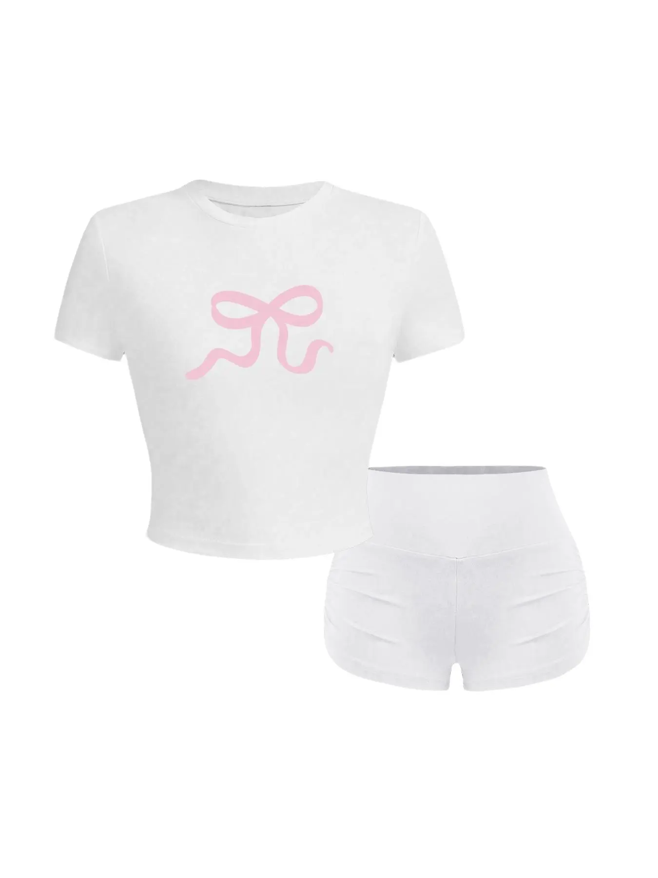 Women's Spring Fall New Cartoon Print Round Neck Short Sleeve Crop Top + Kardashian Style Cycling Yoga Shorts Set, Outdoor Sports Daily Wear Fitness Outfits