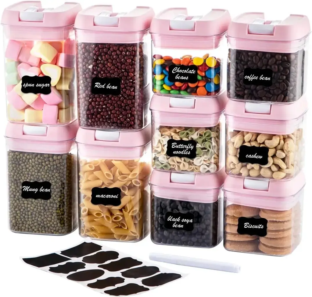 Airtight  Storage Container Set-10   Clear Plastic Cereal Canisters with Easy Lock Lids-Kitchen & Pantry Organization Containers for Sugar, Flour, Cereal, Labels & Marker(Pink)