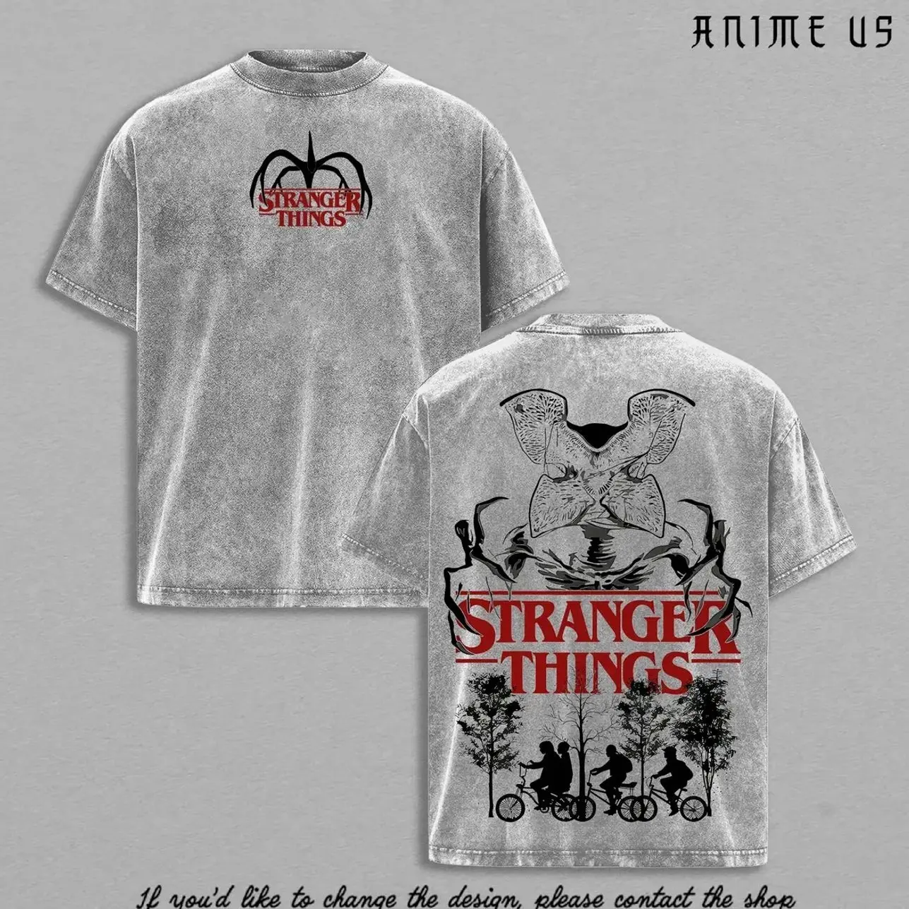 Stranger Things T Shirt Vintage Washed Oversized Graphic Tee Demogorgon Retro Horror Series Shirt Hawkins Bike Scene Streetwear Top for Fans Men Women FK7
