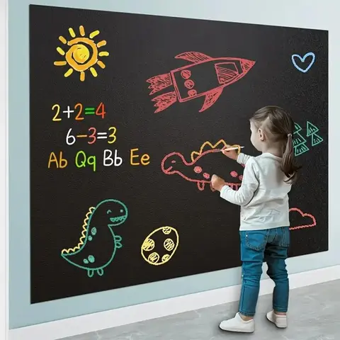 One Roll Removable and Cuttable Chalkboard Wallpaper, 17.3 in x 78.7 in Self-Adhesive Vinyl Dry-Erase Chalkboard Wallpaper with Five Colored Chalks, Message Board Writing Surface for Office, School and Home, Dry Erase Reusable