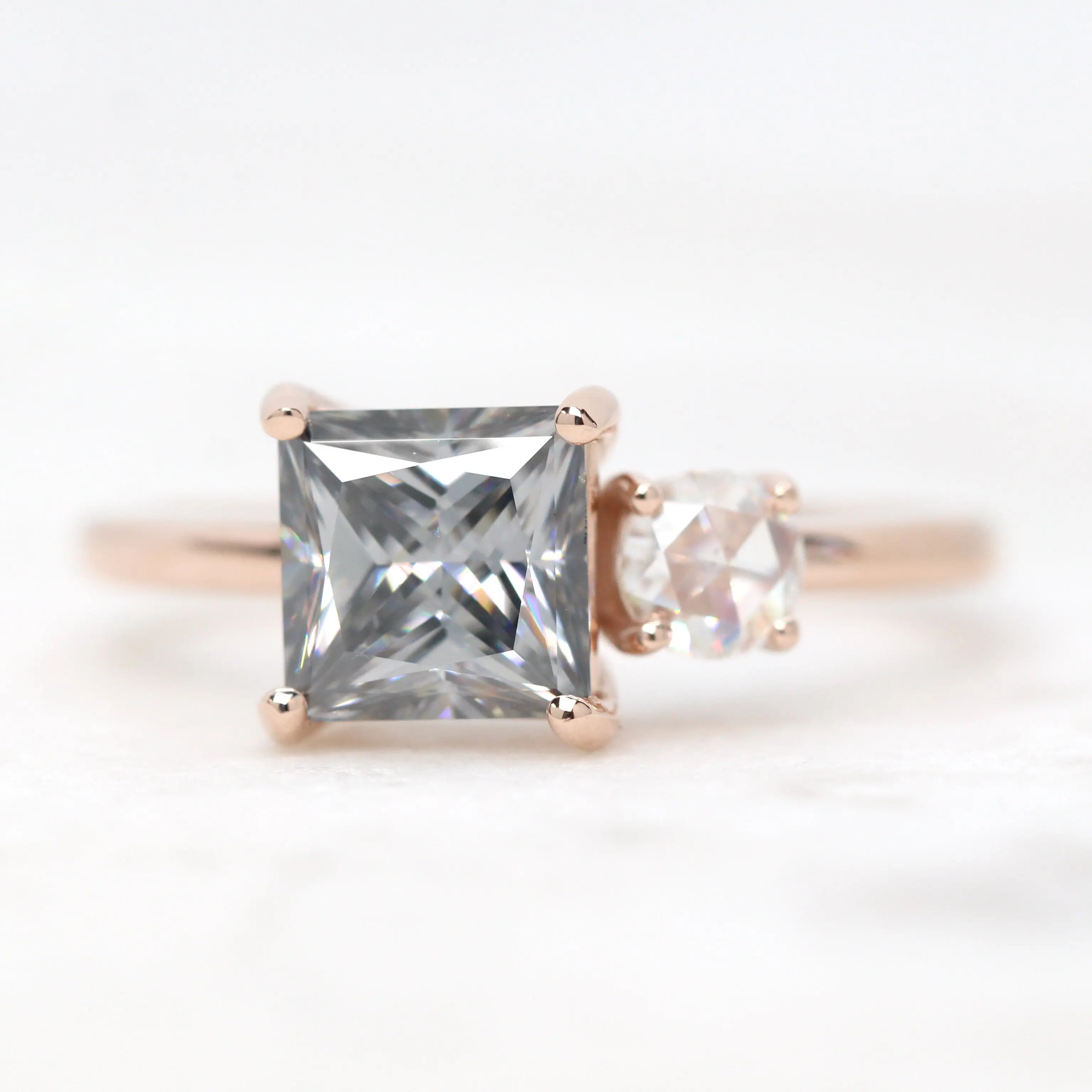 Toi et Moi Ring with a Princess Cut Gray Moissanite and a Round Clear Moissanite - Made to Order