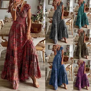 Long Dress Waist-Cinching Floral Print Flared Dress Casual Womenswear