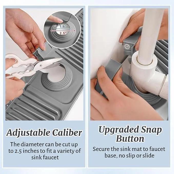 [TikTokShopBlackFriday] 24 Inch Silicone Faucet Mat for Kitchen & Bathroom Sink Splash Guard - 6 Slope Water Draining Mat with Fasten Button for Bathroom Area -Gray