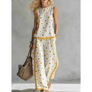 Plus Size - Plus Size - Polka Dot Sleeveless Top with Wide-Leg Pants Casual Set Women'S Summer Fashion Two-Piece Set White Yellow Dot Pattern Comfortable Loungewear