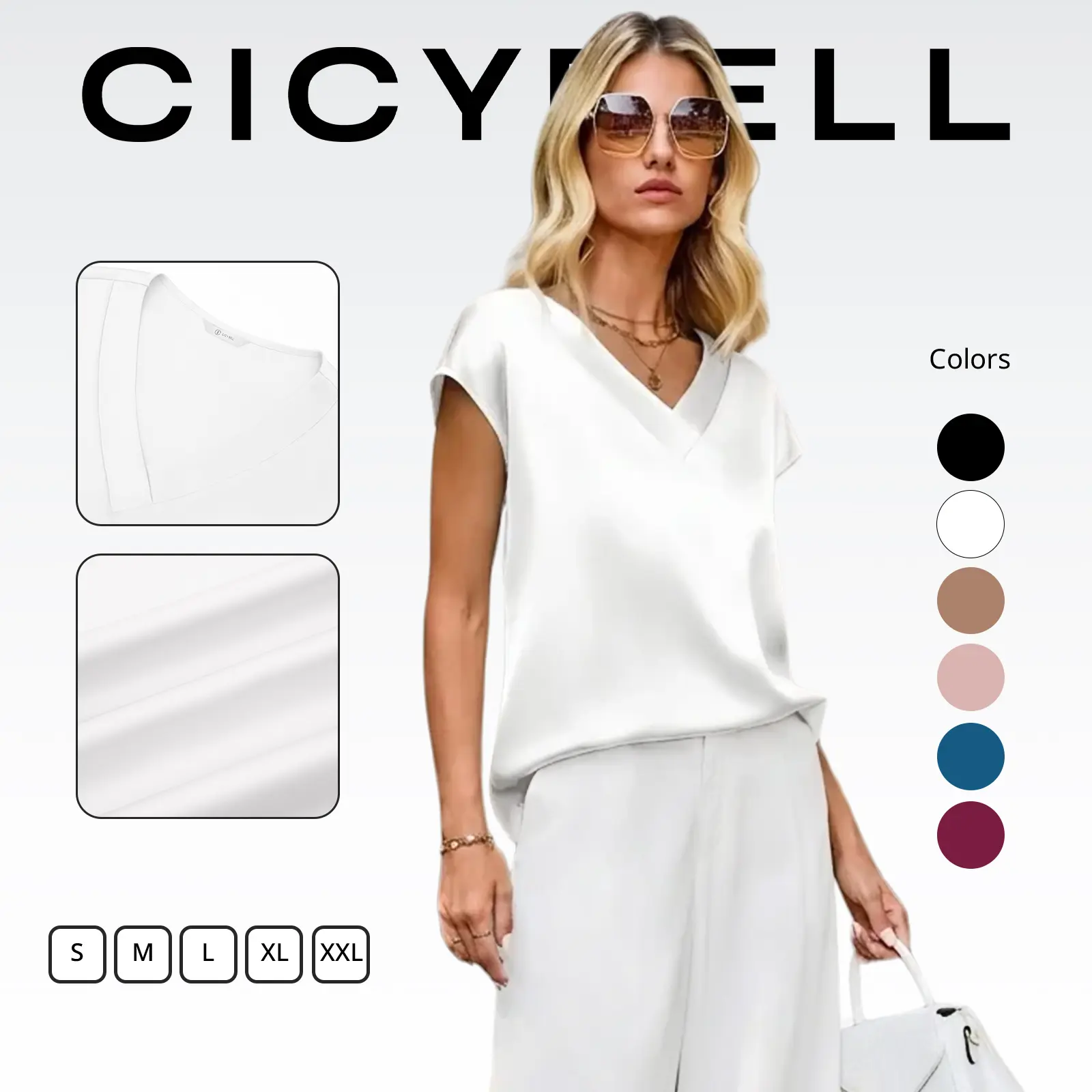 Cicy Bell Womens Satin Cap Short Sleeve Blouses Casual V Neck Tops Summer Dressy Business Work Silky Shirts