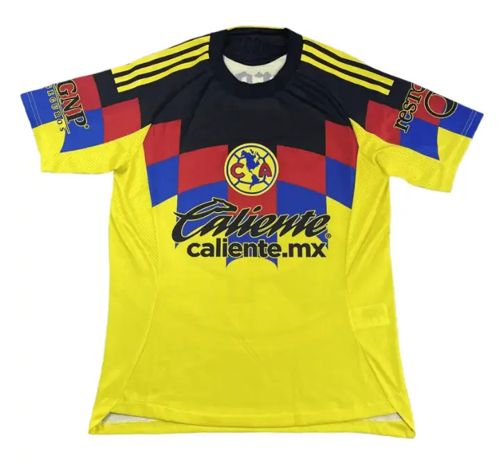 2024 2025 Home Retro Yellow Multi Color Block Short Sleeved Club America Soccer Jersey