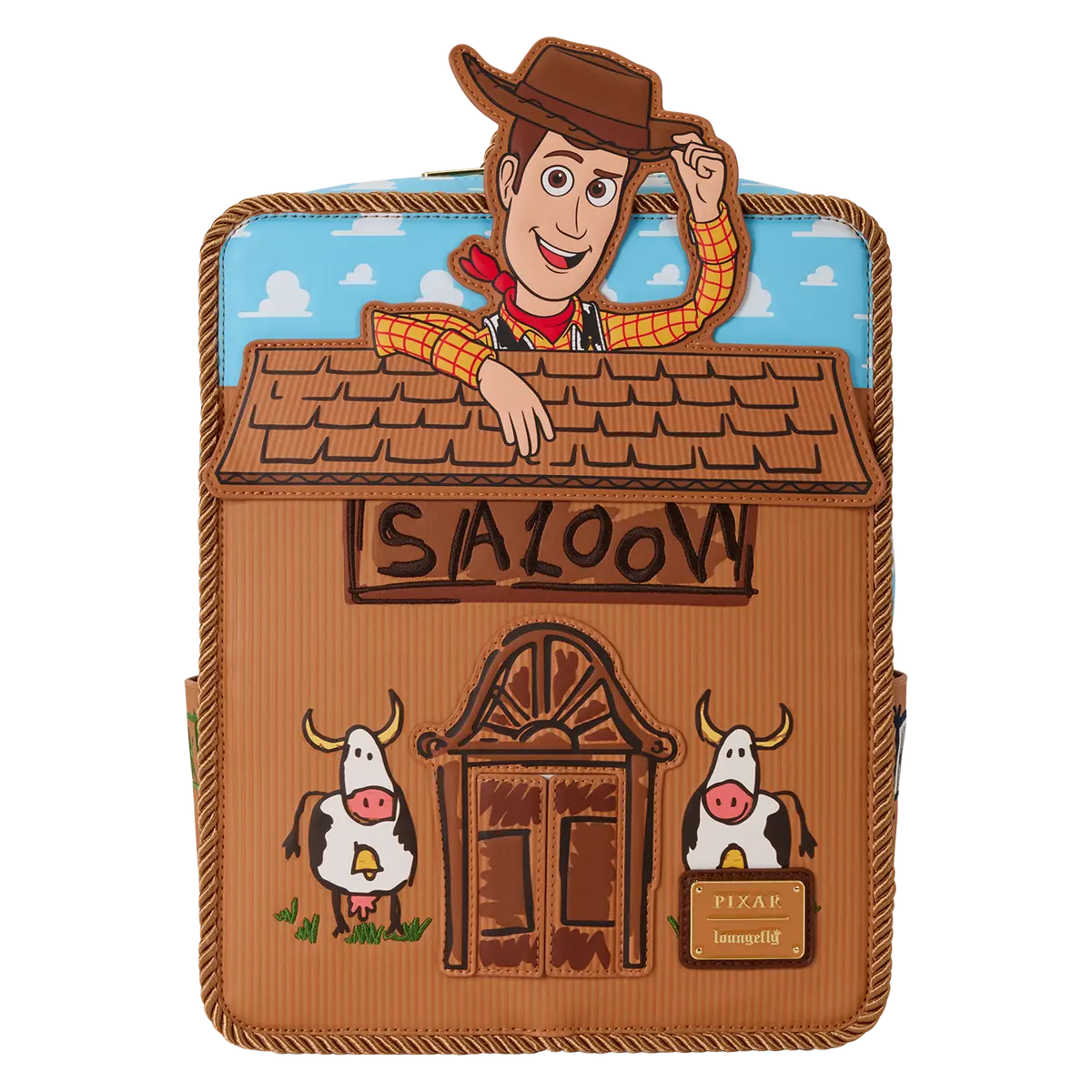 Loungefly Toy Story 30th Anniversary Woody Saloon Cowboy Faux Leather Mini Backpack with Opening Doors and Adjustable Straps, Strap, Polyurethane, Cowboy Theme, Adjustable Straps Adapt To Your Fit
