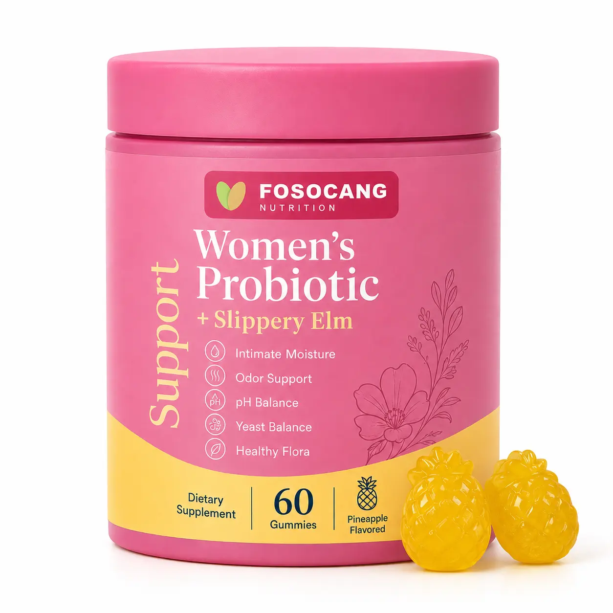 FoSoCang Her Juicy Feminine Probiotics Gummies- All in One Solution with Slippery Elm and Prebiotics&Lactobacillus Probiotic Blend for Women’s pH Balance and Dryness - Hawaiian Pineapple Gummies 60 Count probiotics women /  Dietary,Supplement,Edible