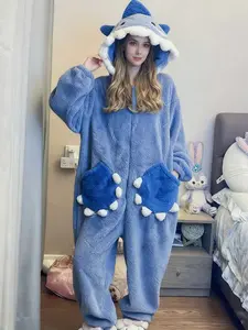 Women's Cute Shark Hooded Onesie Pajamas, Winter Role Play Hooded Sleepwear, Christmas Party Casual and Blanket Set