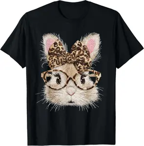 Cute Easter Bunny T-Shirt - Leopard Print Bow & Glasses Rabbit Graphic Tee, Ideal Gift for Her, Easter Celebrations & Trendy Casual Wear PLK0111