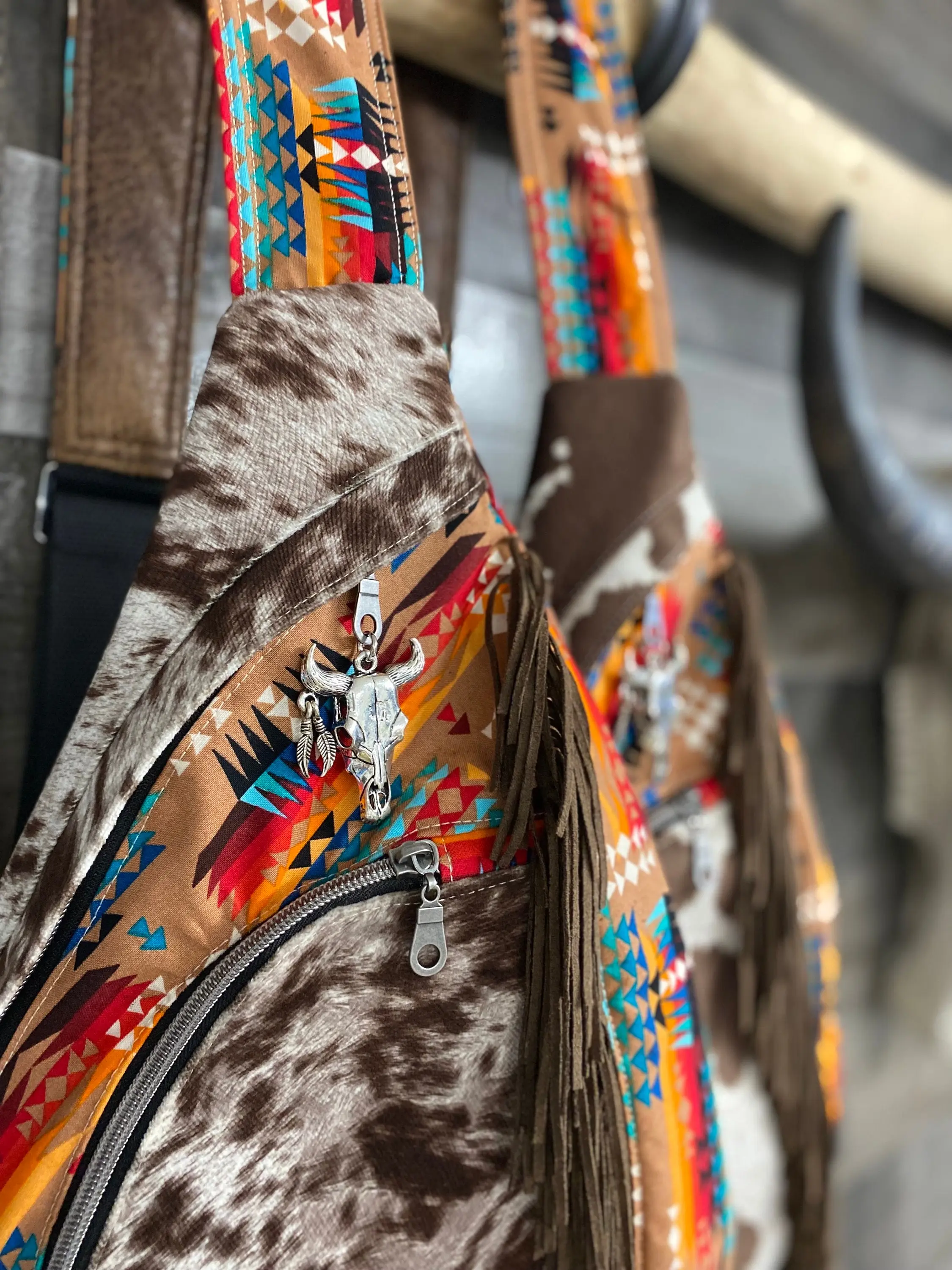 Summit Sling Bag/ brown beige Cow longhorn print / Faux Leather Backpack /Cross Body fringe bag /highland cow/ Western Bag/aztec/native