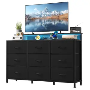 LED TV Stand for 55 Inch TV, Media Console with 9 Fabric Drawers and Charging Station, Storage Entertainment Center with Lights