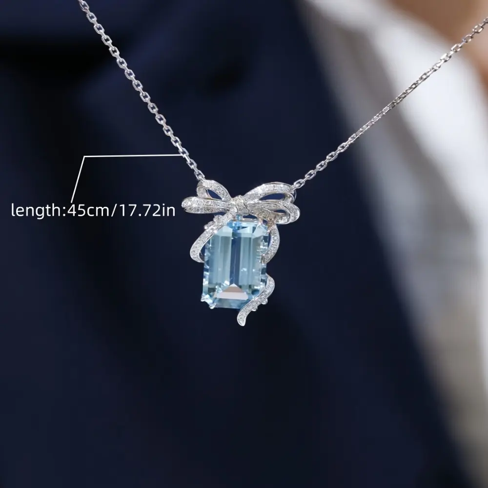 Blue Crystal Sparkling Teardrop Pendant Necklace - Elegant Bow Design, Cubic Accents, Perfect for Daily & Special Occasions, Women's Fashion Costume Jewelry, Blue Crystal Necklaces, Sparkling Necklaces