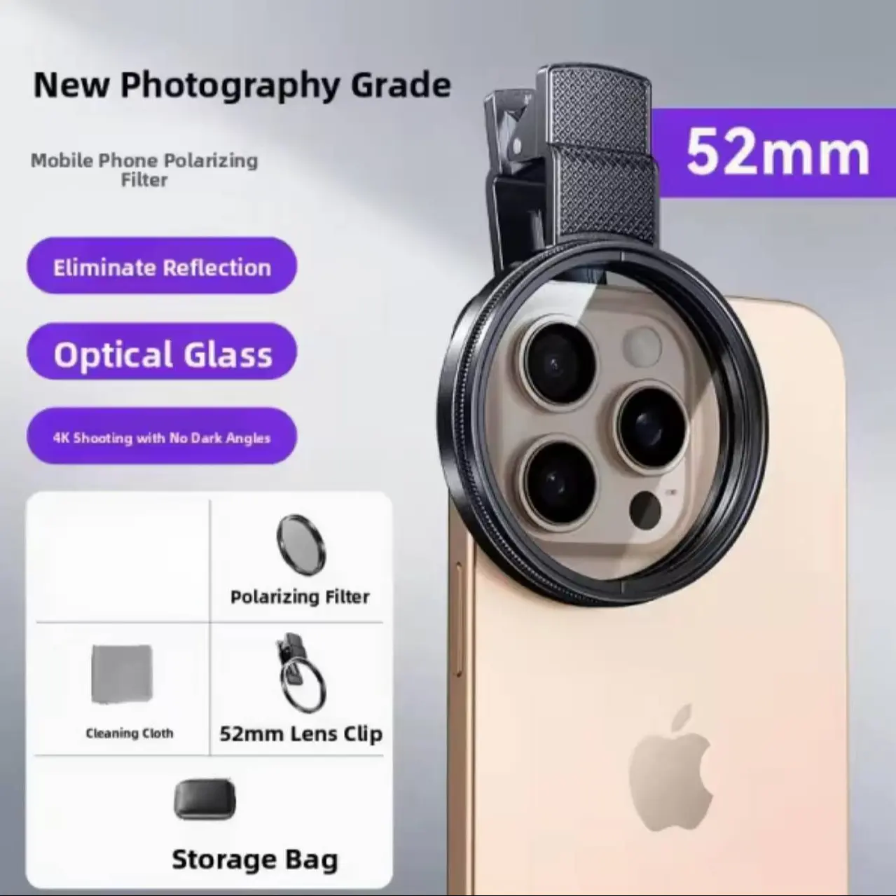 52mm Cpl Filter for Phone Lens, Clip-On Polarizing Filter, Compatible with Most Smartphones, Includes Metal Frame, Cleaning Cloth, Leather Case