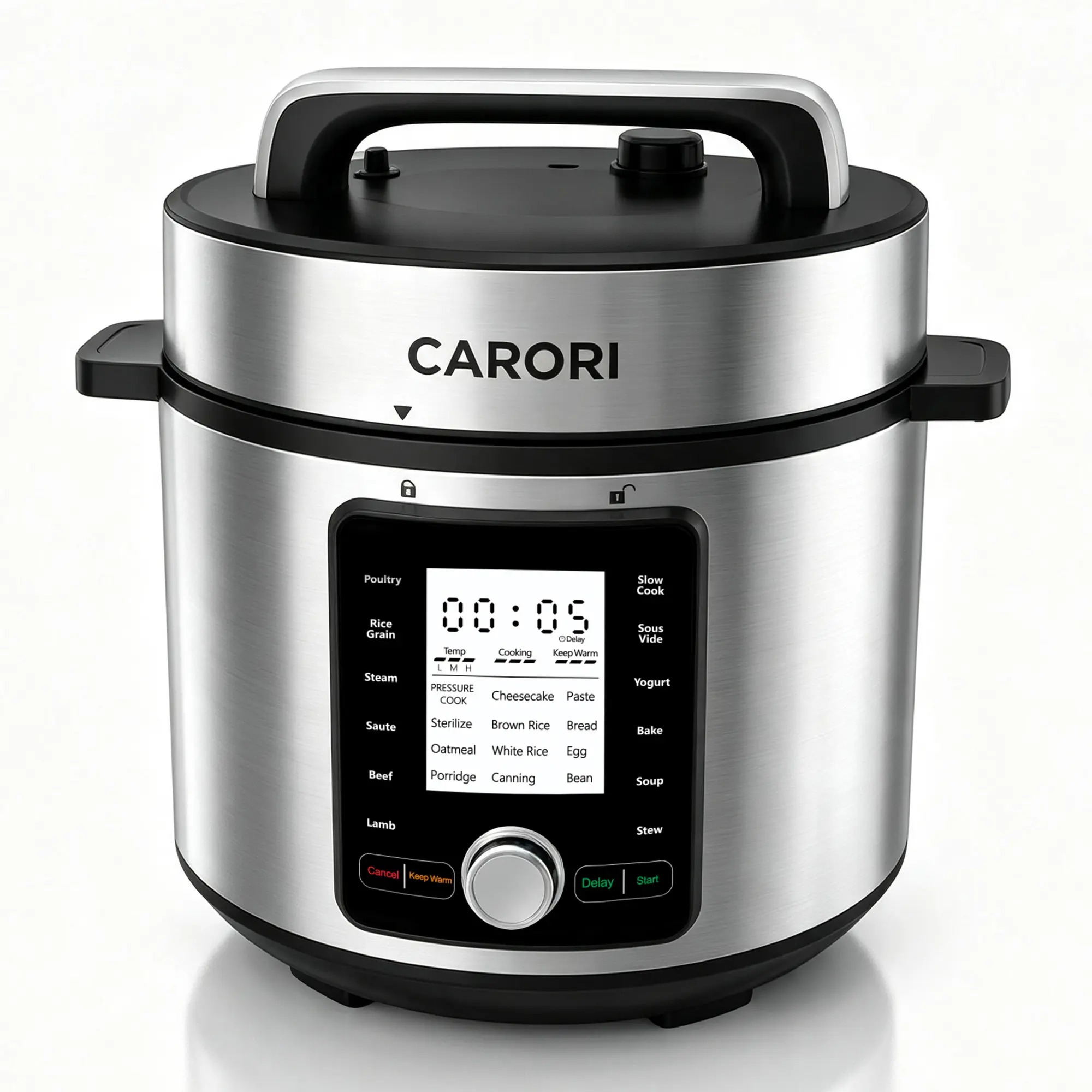 CARORI 8 Qt Capacity Modern Electric Pressure Cooker, 24-Program Multifunctional Cooker with Touch Screen & Dial Controls, 1200W Ceramic Nonstick Pot, Silver