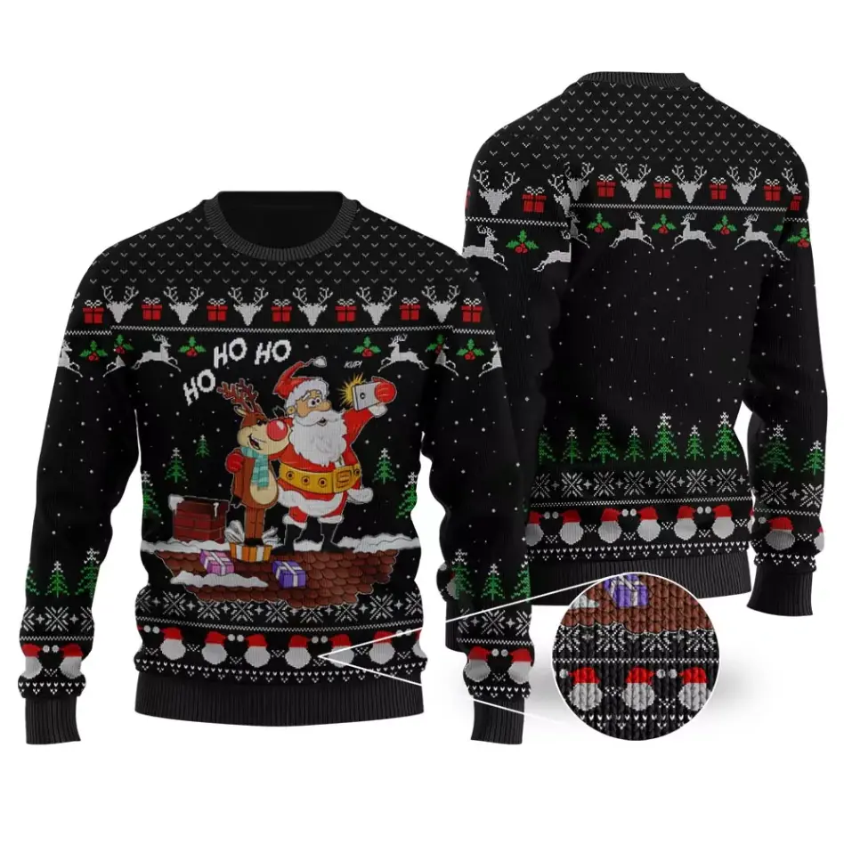 “Ho Ho Ho” Santa & Reindeer Ugly Christmas Sweater – Funny Knit Pullover for Men & Women | Perfect Holiday Party Outfit