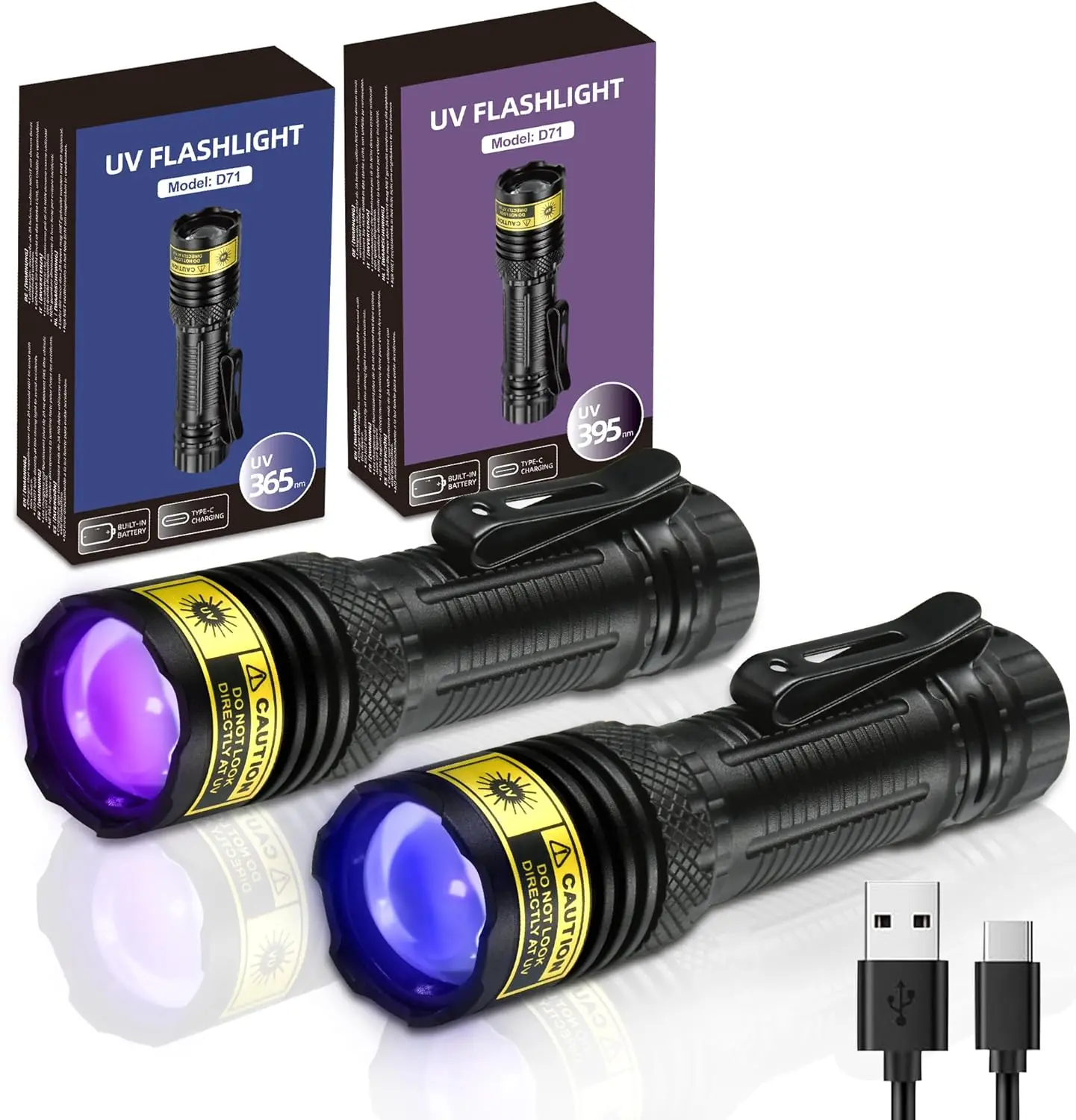 UV Flashlight 365&395nm Black Light Mini USB Rechargeable Ultraviolet LED Blacklight Woods Lamp Powerful Fluorescent Portable Detector for Pet Urine Stains, Money, Resin Curing(2 Pack)