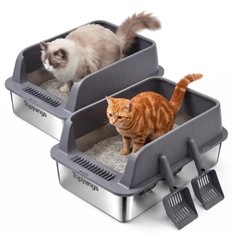 Topyangs 2-Pack Large Stainless Steel Litter Box Enclosure - Leak-proof Steel, Durable Construction, High Sides, Easy Cleaning, Home-protective, Free Scoop for Multi-Cat Homes