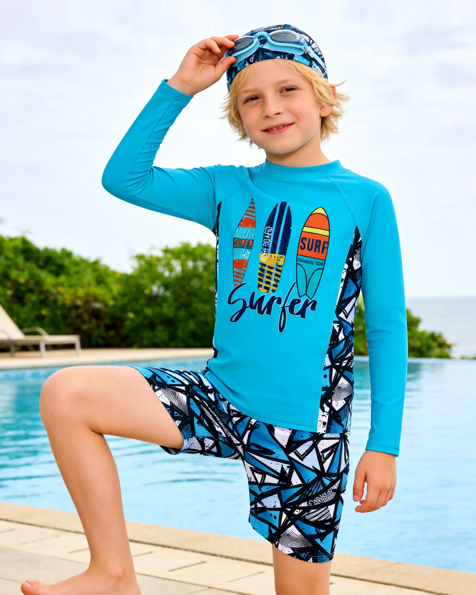 Boys Surfing Swim suit Set Long Sleeved Top and Shorts Bathing Suit Summer Vibes Party Swimwear Beachwear