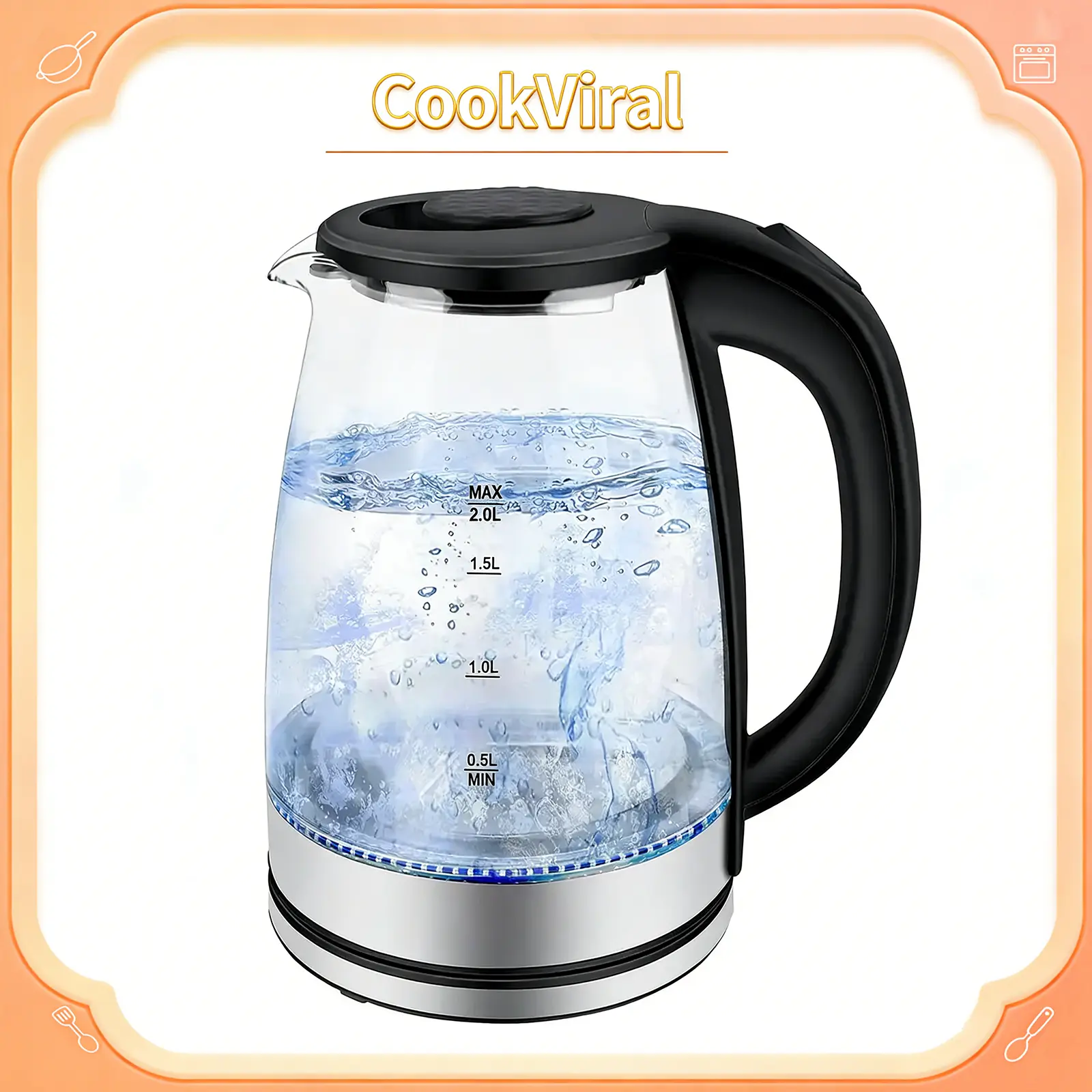 2.0L Electric Glass Kettle with LED Light, Fast Heating Heat-Resistant Glass Kettles & Jugs, Detachable Wide Opening Lid, Auto Shut-Off, Boil-Dry Protection, Easy Cleaning Black Household Stainless Steel Water Heater Gift