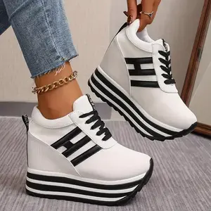 10 cm Height Increase Wedge Sneakers - Lace-Up Canvas Shoes with Thick Platform Sole for All Seasons