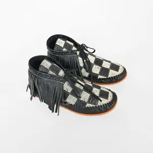 American Darling Checkerboard Hair-on-Hide Moc Moccasins – Western Fringe Leather Shoes