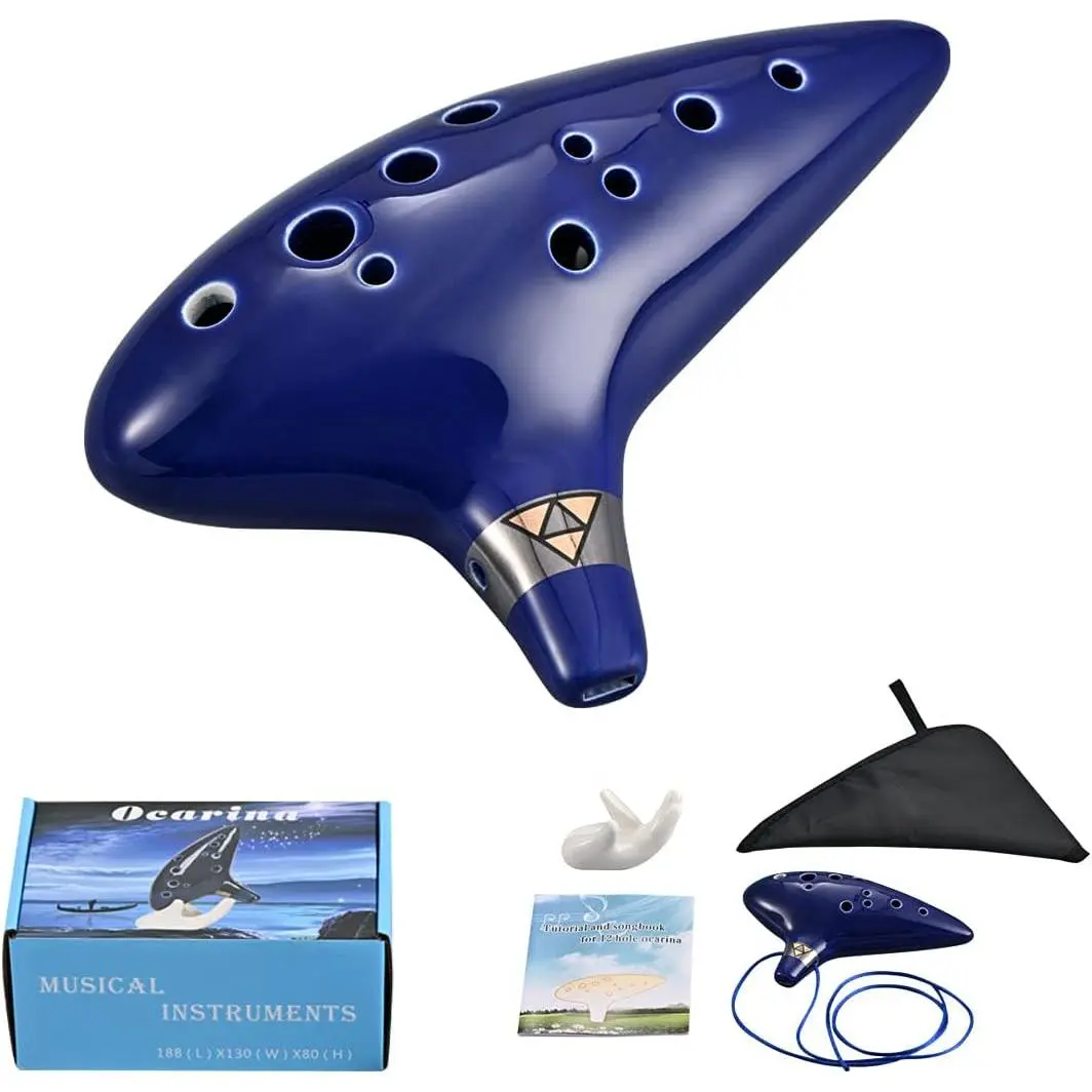 12-Hole Alto C Ceramic Ocarina - Hand-Made Unisex Easy-to-Learn Wind Music Instrument Kit, Legend Time, Wide Sound Range, Manufacturer Warranty, Includes Music Book, Strap, Bag, Display Stand, Artwork for Beginners