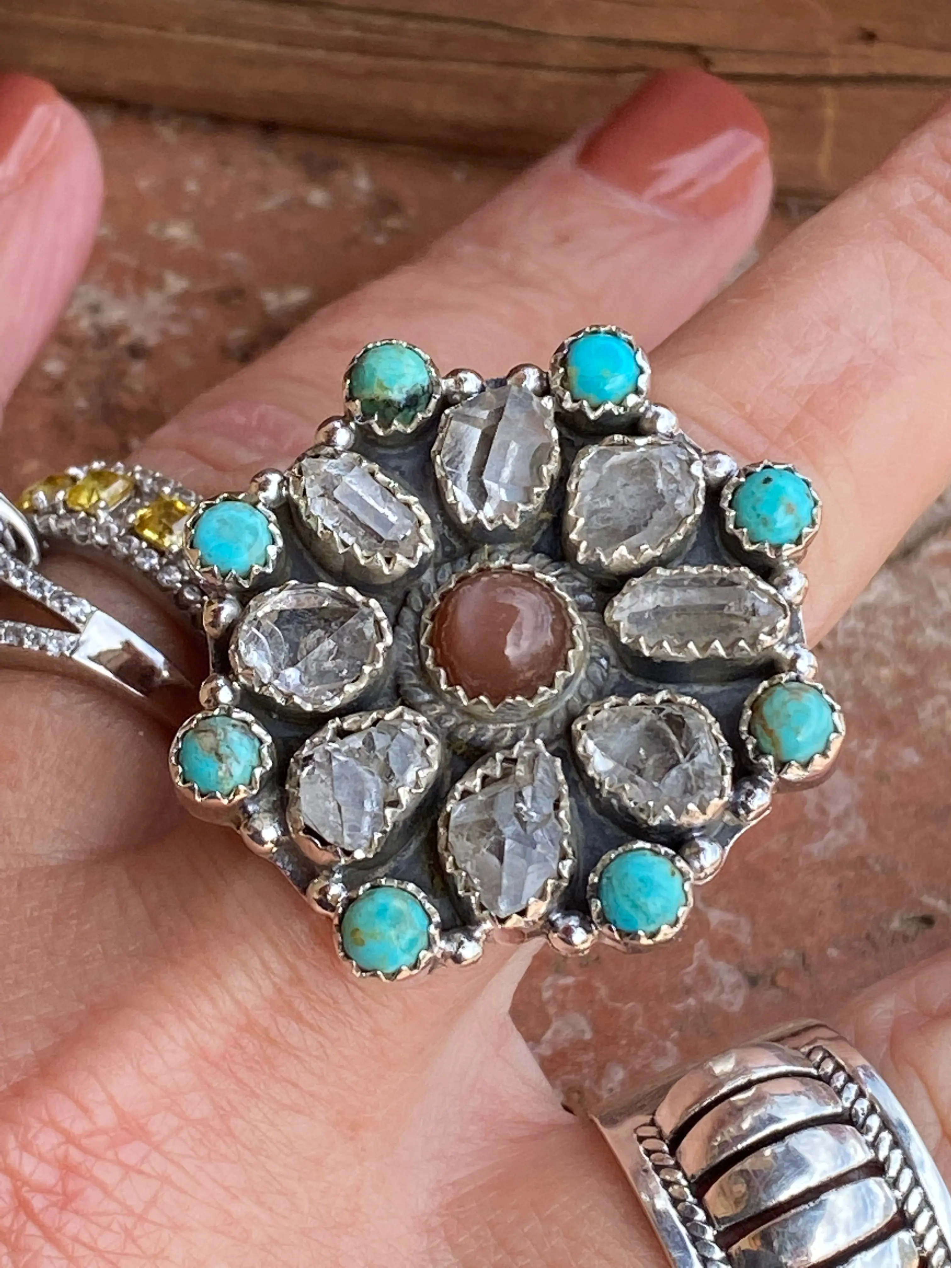 Handmade Garnet Sterling Silver, Turquoise & Herkimer Diamond Cluster Adjustable Ring •99
