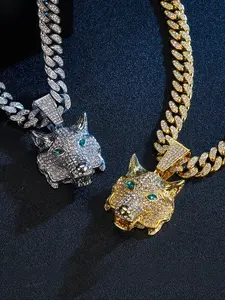 Street Punk Wolf Head Pendant Necklace, Glittering Cuban Link Chain Jewelry for Men & Women, Hip-Hop Artist Accessories, Daily Wear Gift