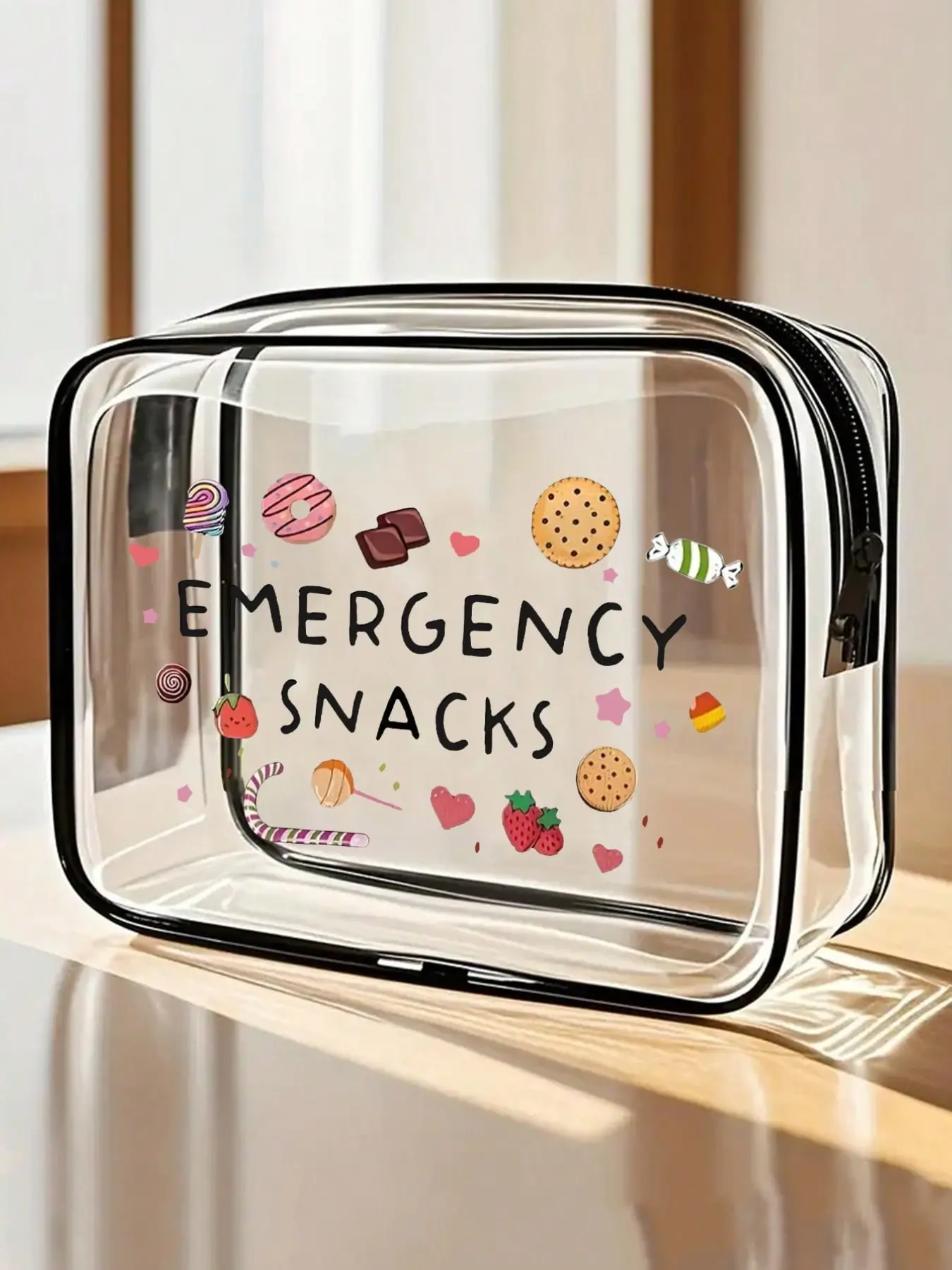 snack-patterned PVC cosmetic bag, Transparent Cosmetic Bags, Transparent Vanity Bag, makeup pouch, transparent waterproof toiletry bag, beach bag, colorful printing, lightweight and foldable, suitable for travel, business, fitness and outdoor activities