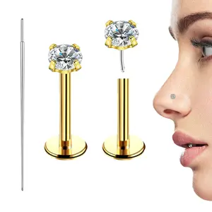 2 Pcs Nose Rings 20G Titanium Prong CZ Threadless Cartilage  Gold  Earrings /Nose Stud ,Push Pin Tragus/Helix /Conch/Screw Piercing Jewelry,Flat Back Earrings Jewelry For Women/Men(3mm) Hypoallergenic Lightweight Match