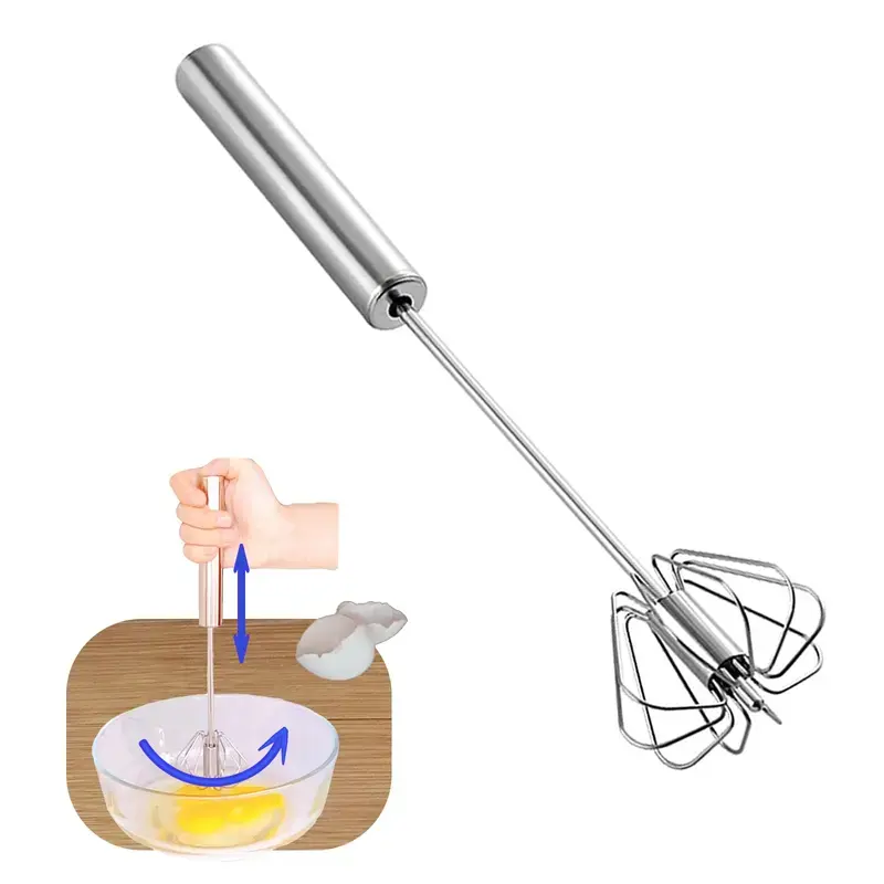 12 in Food-Grade Steel for Safety Semi-Automatic Handheld Egg Beater, Kitchen Utensil with Simple Push-to-Stir Action, Cooking Utensil for Effortless Mixing & Frothing Milk