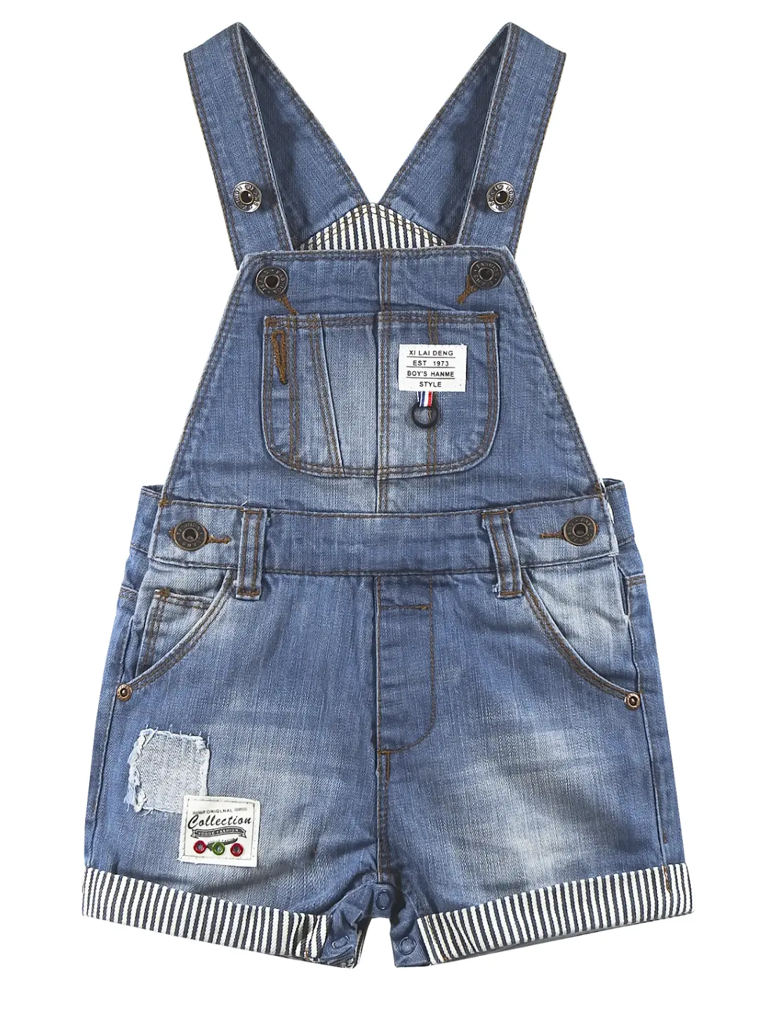 Kidscool Space Toddler Embroidered Cotton Denim Shortalls, Unisex Washed Summer Outfit with a Bib Pocket and Adjustable Straps, Detachable, Sleeveless, Criss Cross