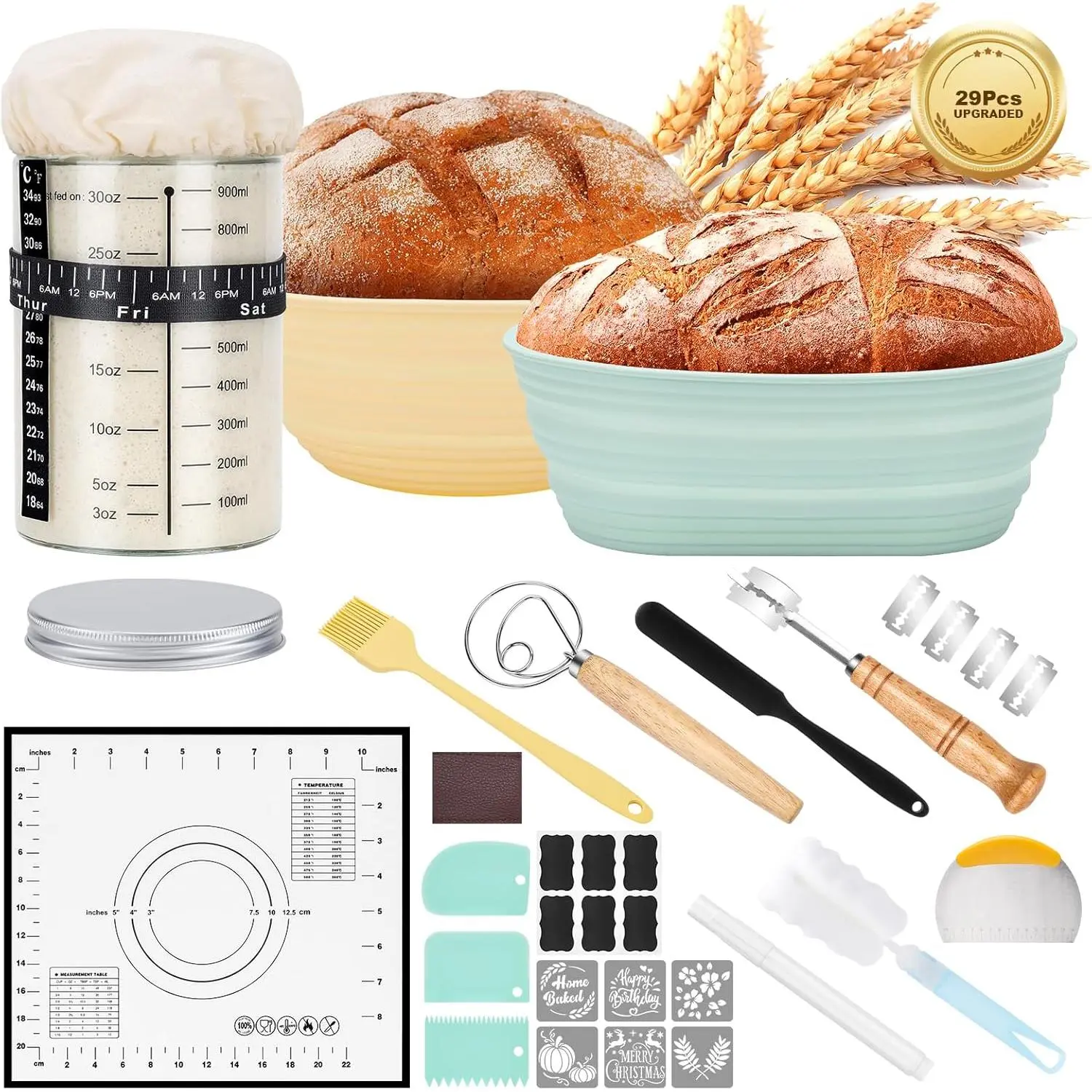 Beginner-Friendly Sourdough Starter Kit - 9" Round, 10" Oval & Square Banneton Proofing Baskets, 34oz Glass Jar, Stirring Spatula, Collapsible Oven-Safe Heat-Resistant Baking Mat, Utensils Set, Erasable Pen, Large Cap - Bread Baking Supplies for Bakers